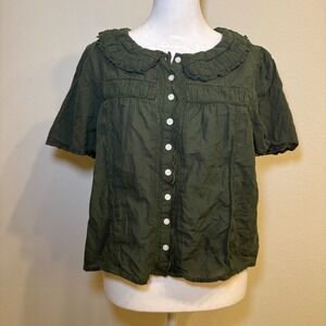 American Eagle Women Green Cottagecore Collared Button Sleeve Blouse Top M
